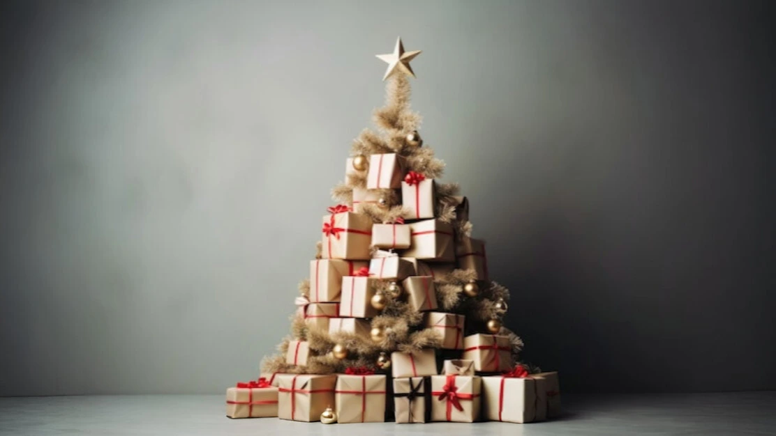 A Christmas tree made from gift boxes.