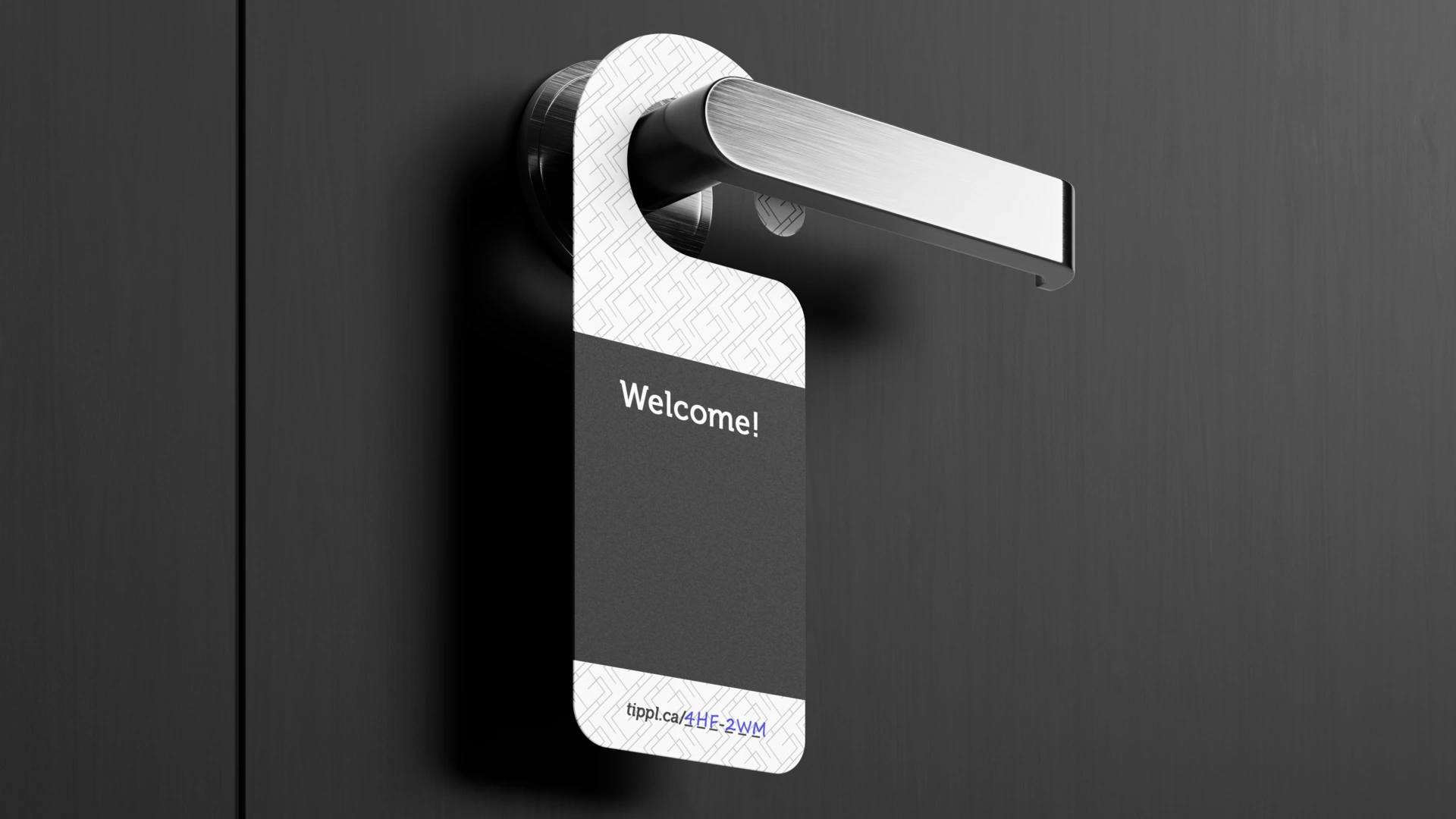 A door hanger welcoming a guest to their room, and also subtly displaying a weblink, which if they follow allows them to tip the housekeeper who serviced their room
